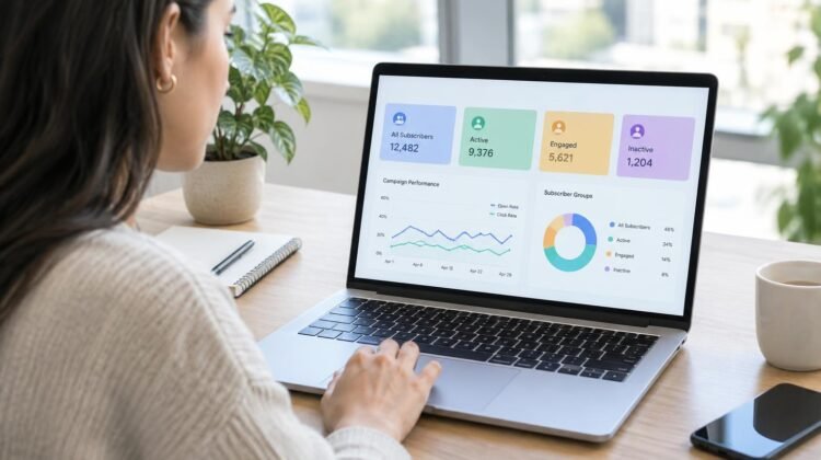 A digital marketer reviews organized subscriber groups and email campaign data on a laptop.