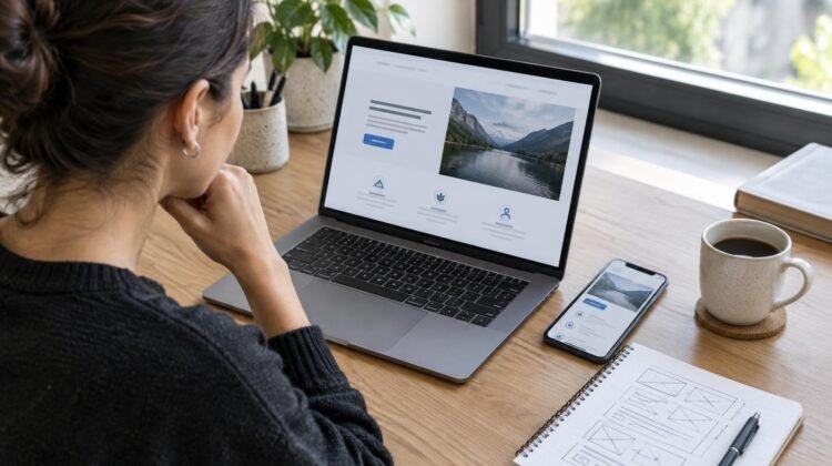 A digital marketer reviews a landing page on a laptop and smartphone while planning page improvements